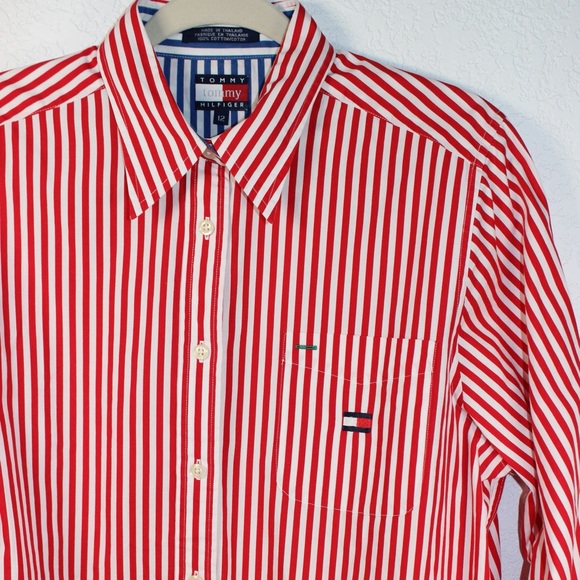 Vintage Tommy Hilfiger Red White Striped Button Up Shirt - Picture 3 of 13